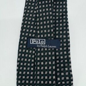 Vintage Polo Ralph Lauren Silk Tie Green Silver Square Geometric Woven Silk